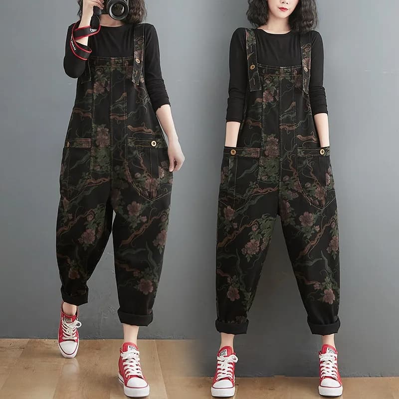 Summer New Loose Women's Denim Harem Pants Vintage Print Casual One-Piece Low Waist High Waist Thinming Thin Denim Jeans