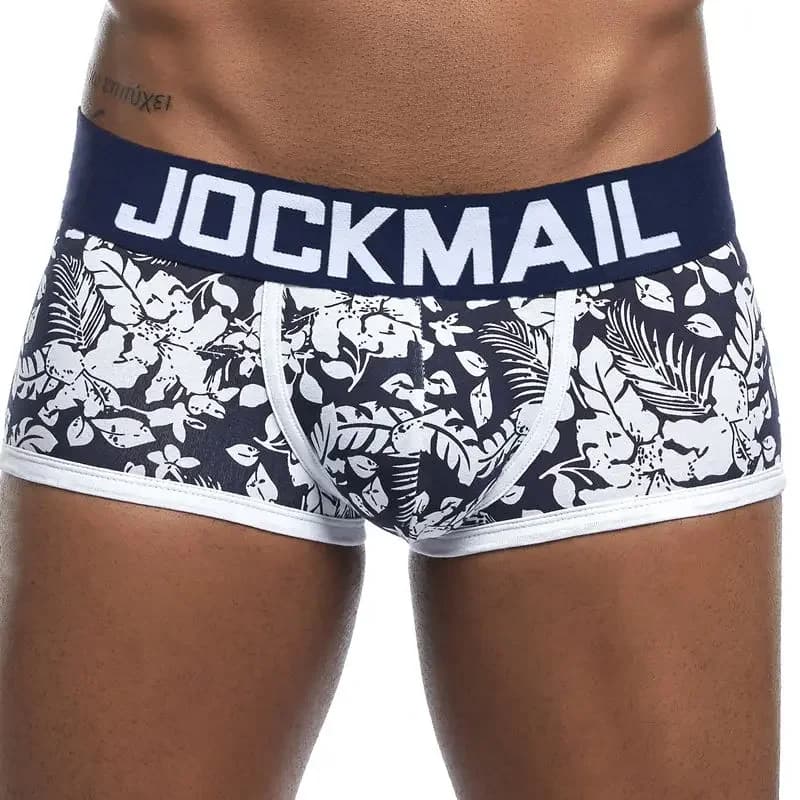 JOCKMAIL Marca Mutandine maschili Boxer traspiranti Intimo da uomo in cotone U sacchetto convesso Mutande sexy Foglie stampate Pantaloncini homewear