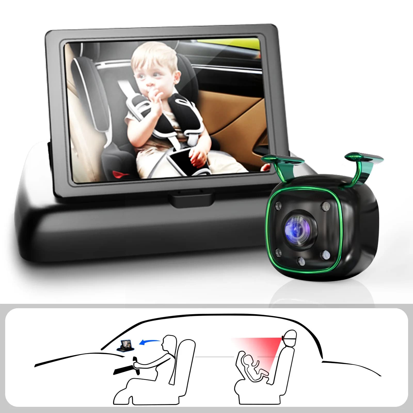 Specchietto retrovisore pieghevole da 4,3 pollici per auto con telecamera HD, visione notturna, monitor di sicurezza per seggiolino auto per veicoli