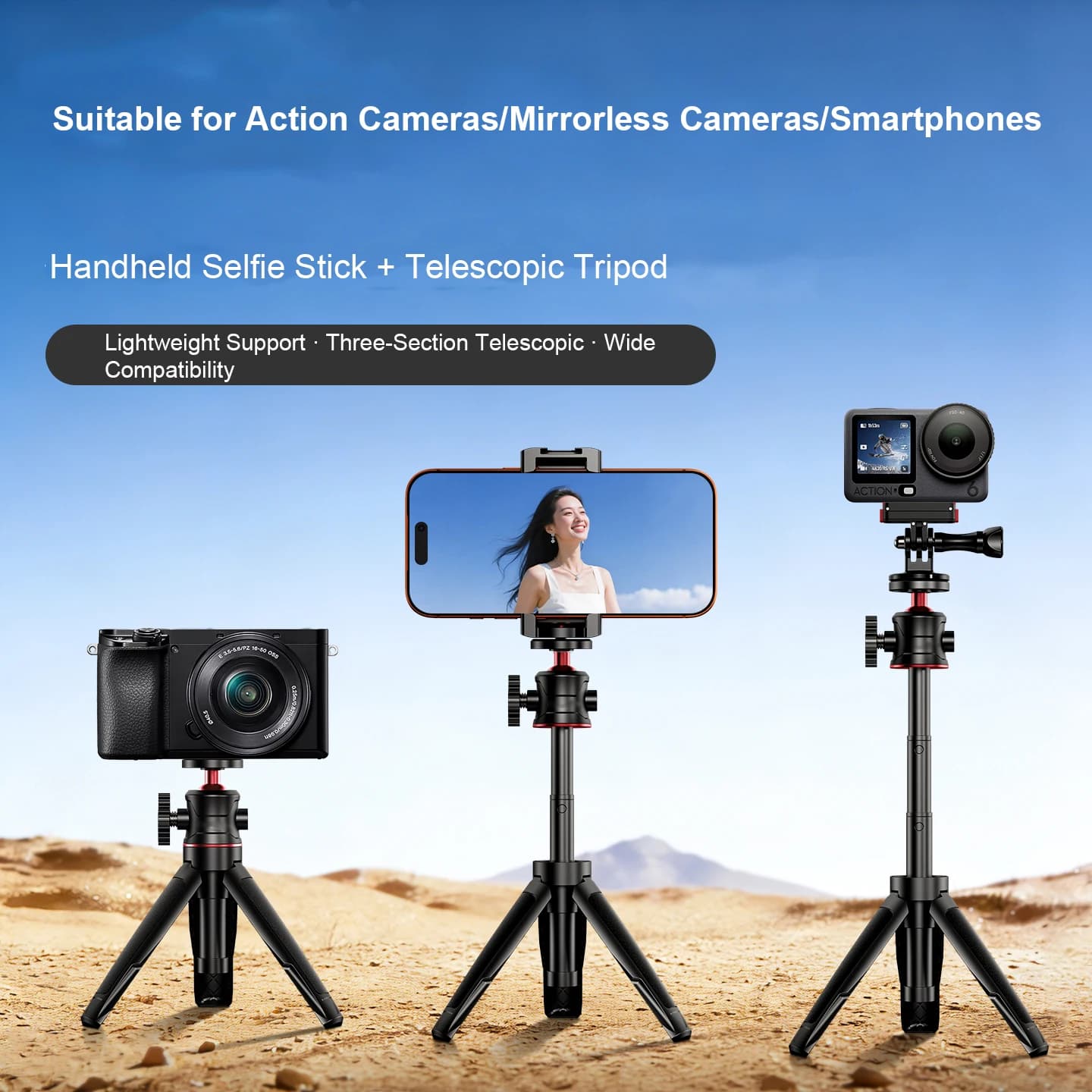 Asta di Prolunga per Treppiede, Mini Selfie Stick con Impugnatura per Insta360 e DJI Action Pocket Camera