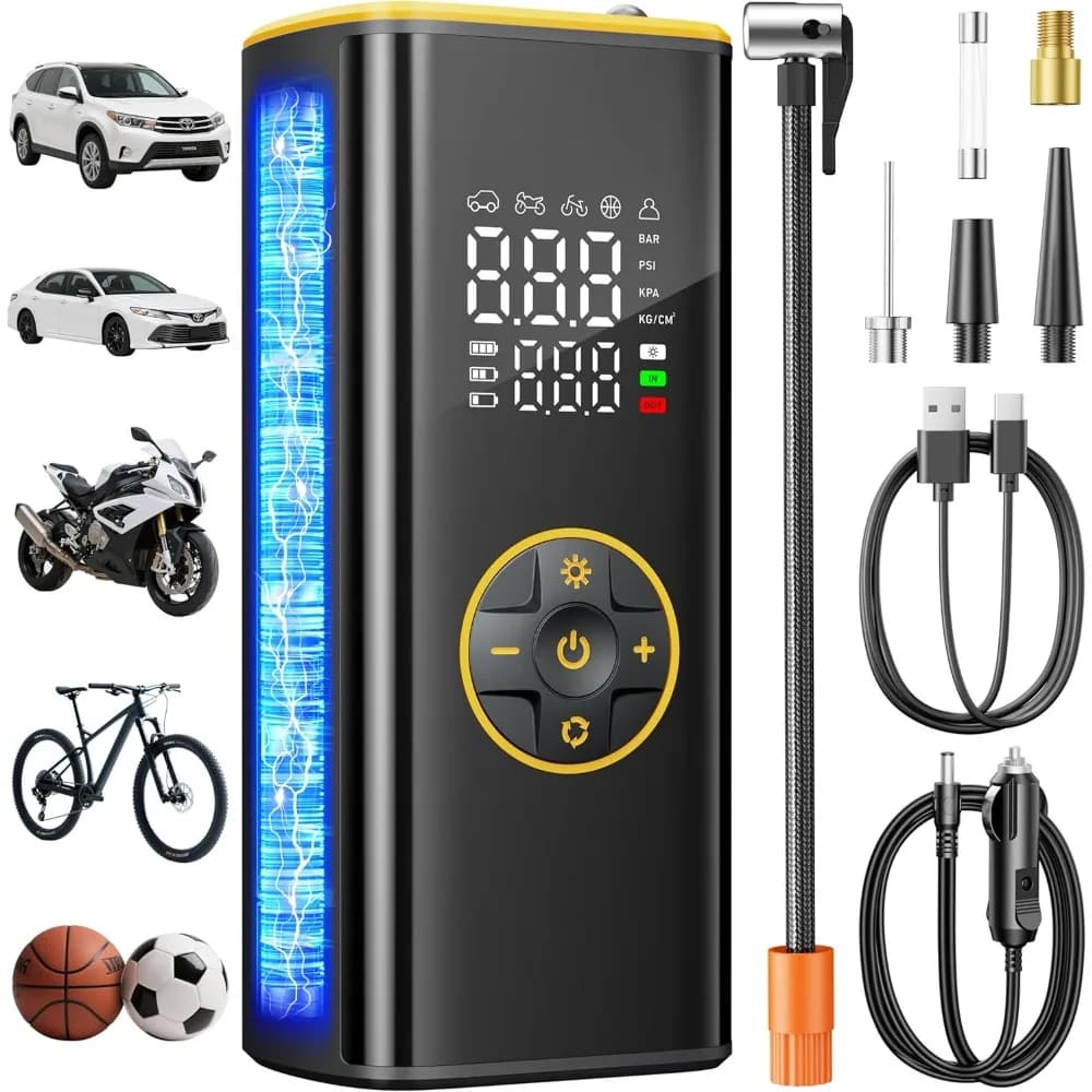 Gonfiatore per pneumatici Compressore d'aria portatile Pompa intelligente senza fili 5 in 1 con manometro per pneumatici 150PSI e luci a LED per auto Biciclette