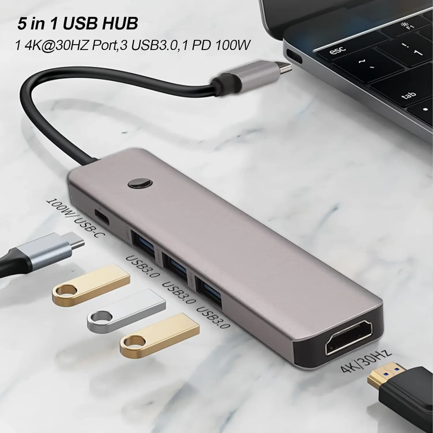 Adattatore multiplo usb C hub di tipo c 5 in 1 con pulsante di accensione/spegnimento compatibile con HDMI 4k PD 100W USB 3.0*3 per MacBook Surface iPad