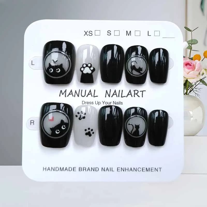 10 pieces cute cartoon black cat and pink bow handmade print on nails square head patch for nails cat eyes cat slices for nails fake art