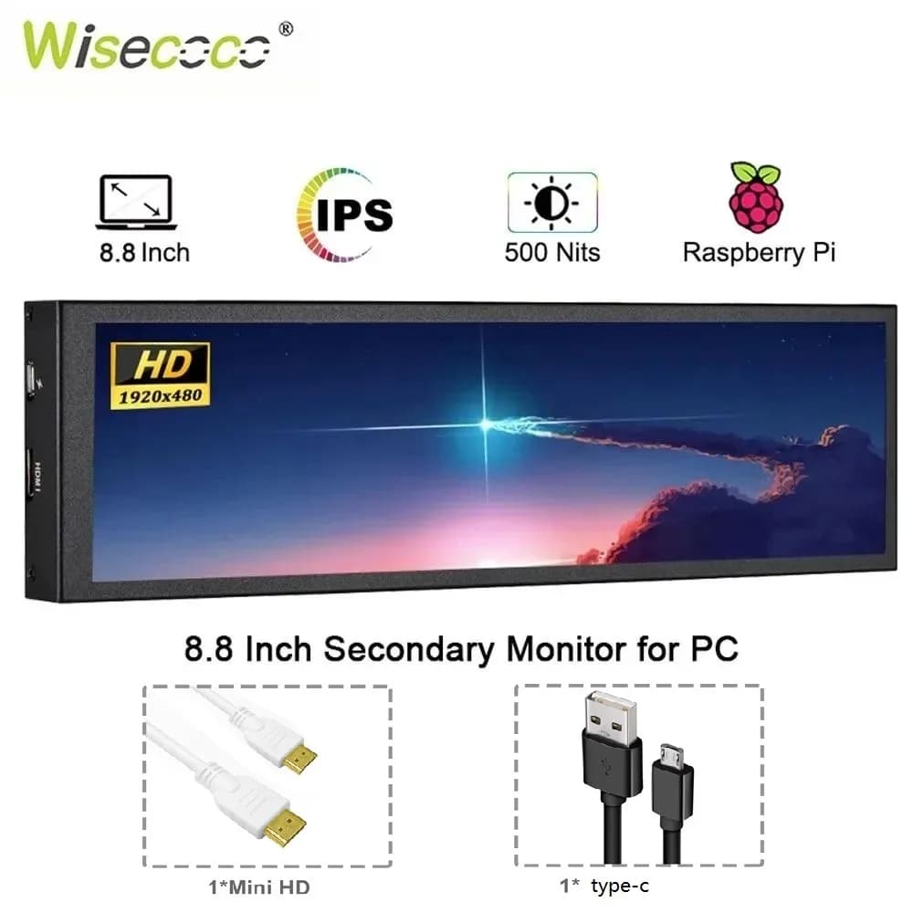 Wisecoco Monitor LCD a barra allungata da 8,8 pollici 1920x480 IPS Secondo schermo portatile con HDMI USB per laptop Raspberry Pi TV