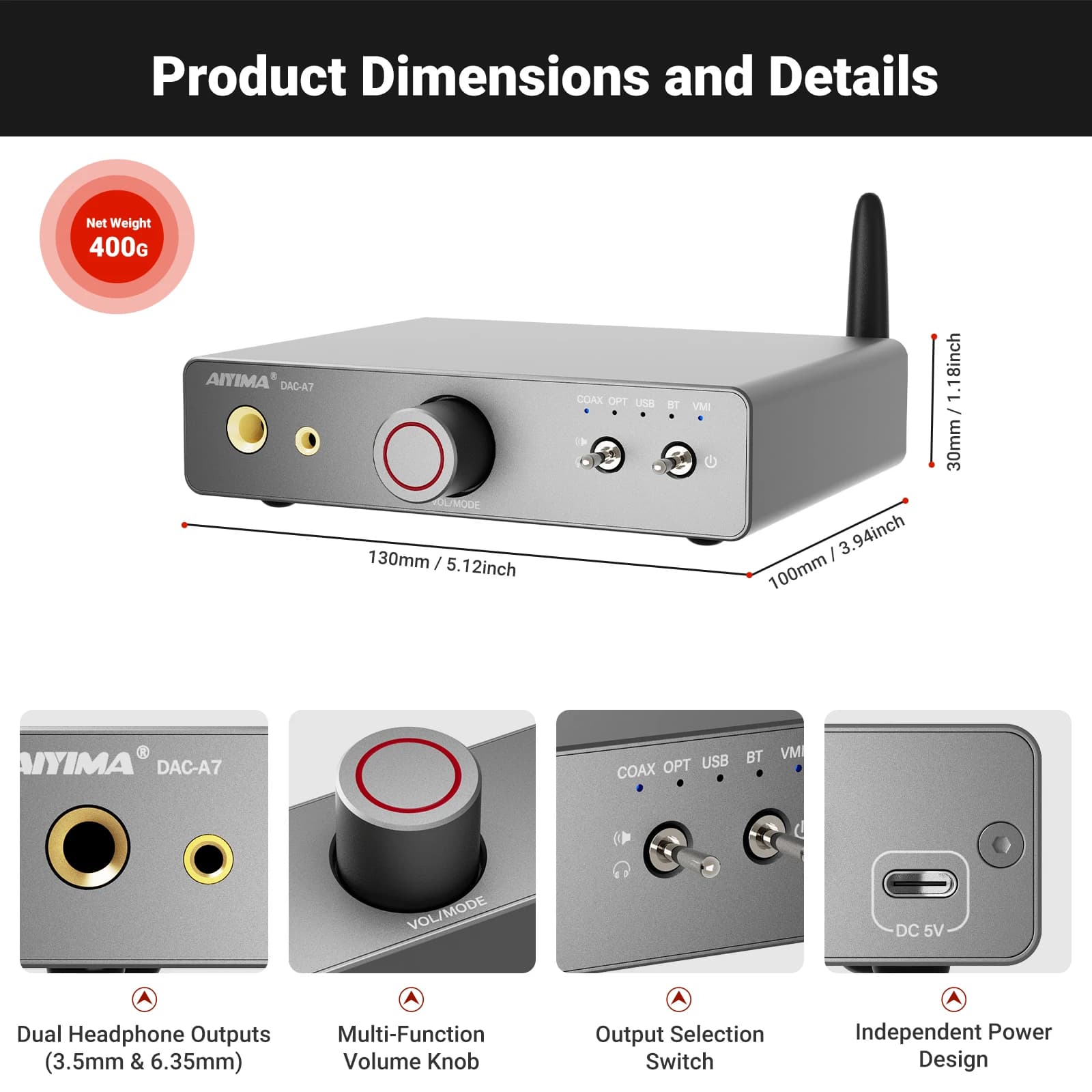 DAC-A7 Amplificatore per cuffie HIFI ES9038Q2M Decodificatore audio USB Preamplificatore Bluetooth 5.4 per cuffie da 3,5/6,35 mm Altoparlante attivo