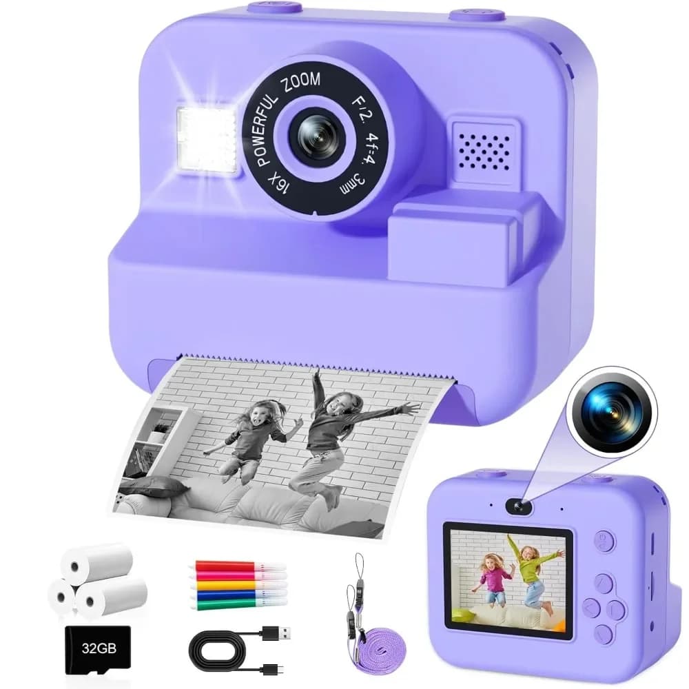 Mini videocamera digitale per bambini con stampa termica e stabilizzazione multipla delle immagini, scheda da 32 GB inclusa