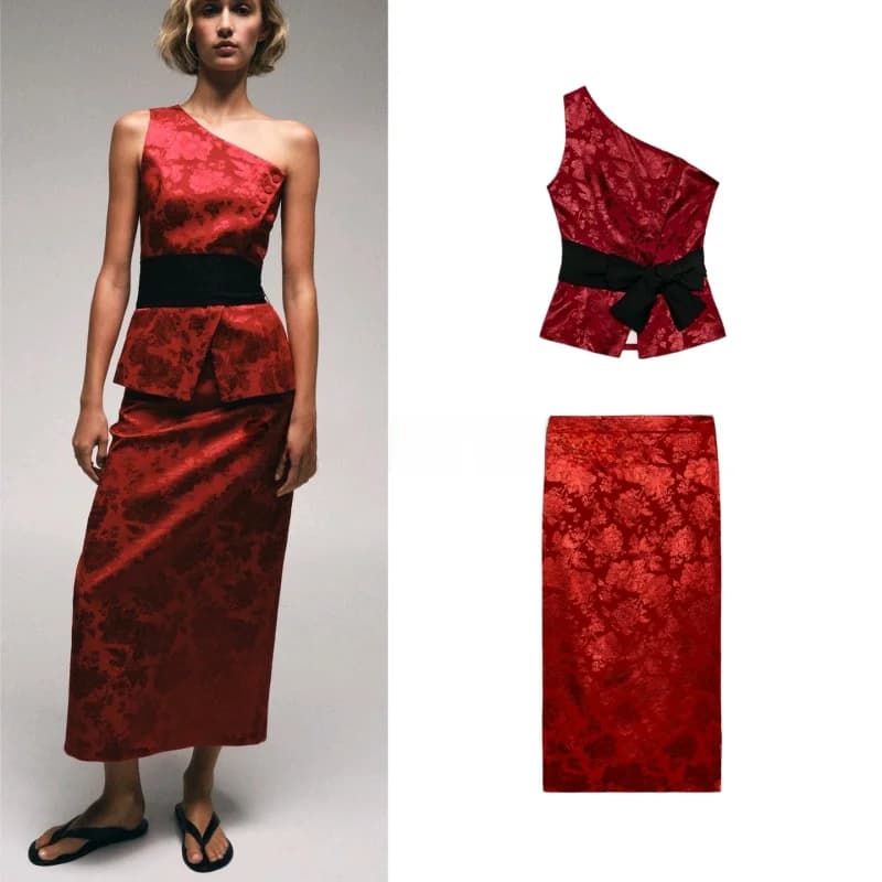 Asymmetric Sleeveless Vest with Belt Floral Embroidery Midi Straight Skirt Fashionable Summer Outfit Two-Piece Set for Women