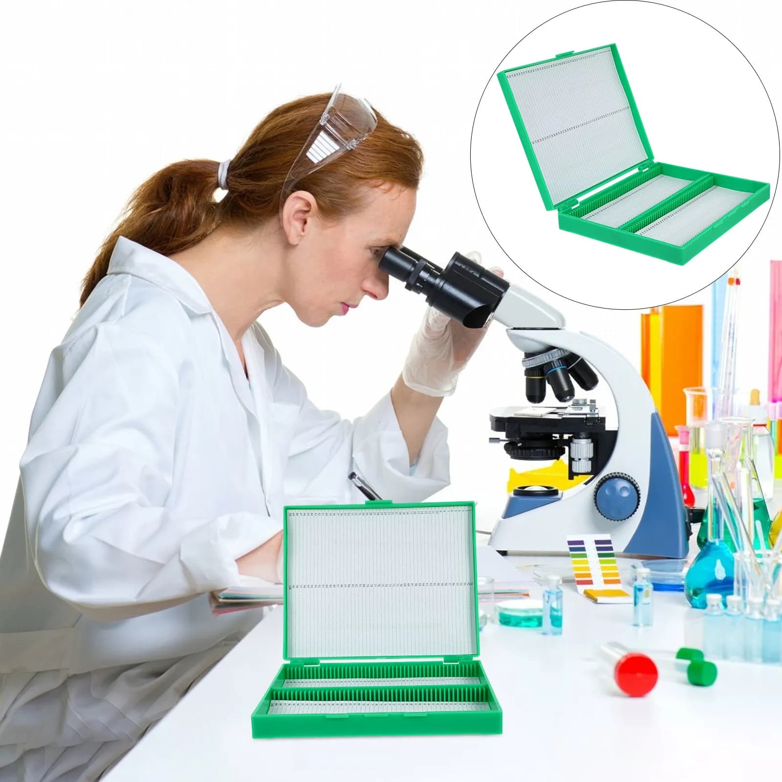 Scatola porta vetrini per microscopio in plastica di grado laboratorio con scomparti numerati, previene danni, ideale per anatomia