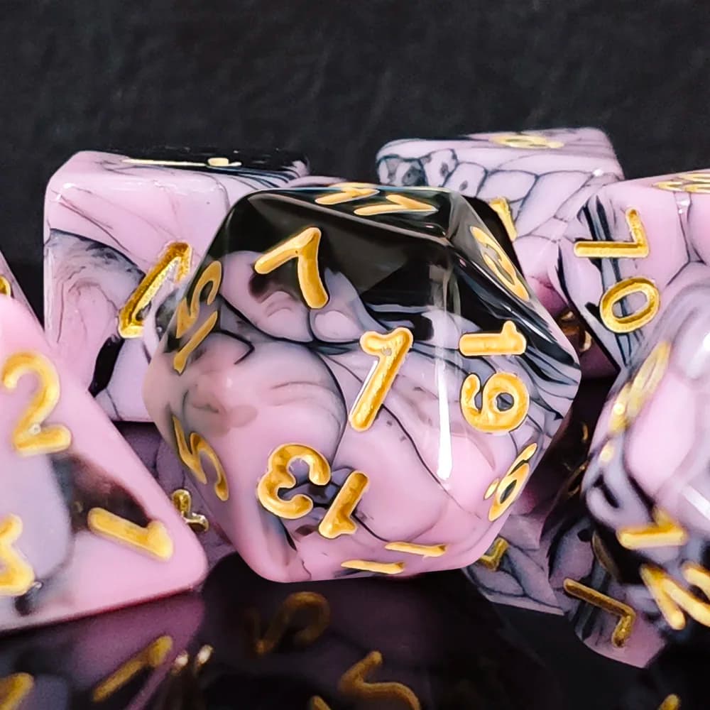 7Pcs Pink Black Marble Swirl Polyhedral Dice Set, Gold Ink DND RPG Dice for Dungeons & Dragons, Tabletop Games