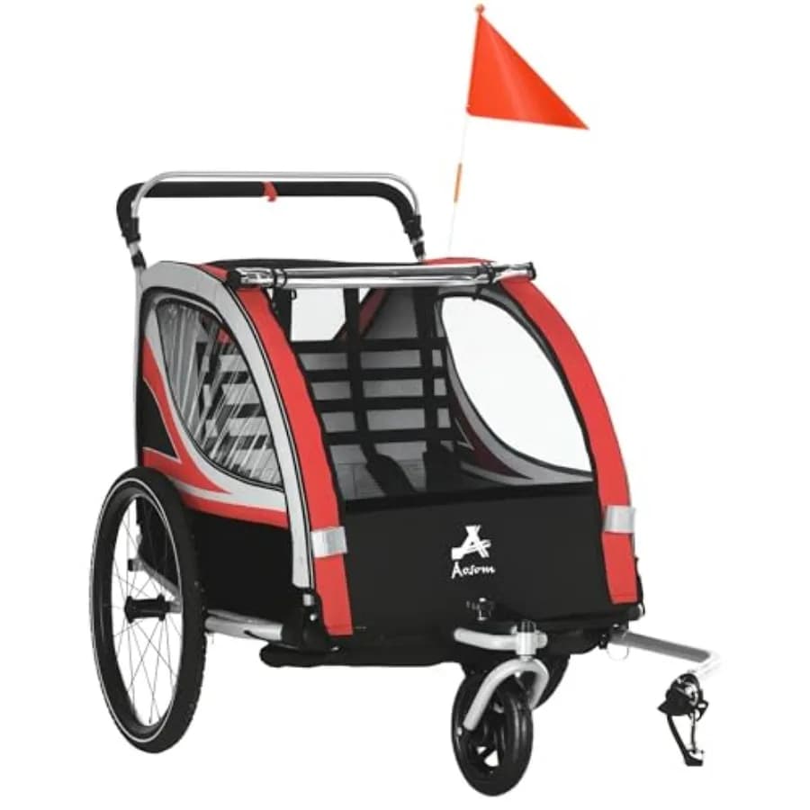Rimorchio Bici 2-in-1 per Bambini, da Passeggio/Ciclismo, con 2 Posti, Passeggino Bici ad Alta Visibilità per Bambini, Carrozzina Resistente alle Intemperie, Doppio Bicicletta