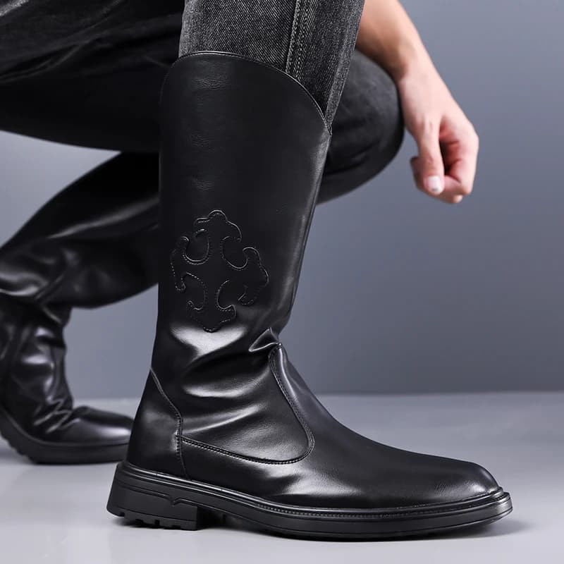 Men's Long-Shaft Denim Boots Western Boots Riding Boots Motorcycle Boots with Side Zippers for Easy On and Off
