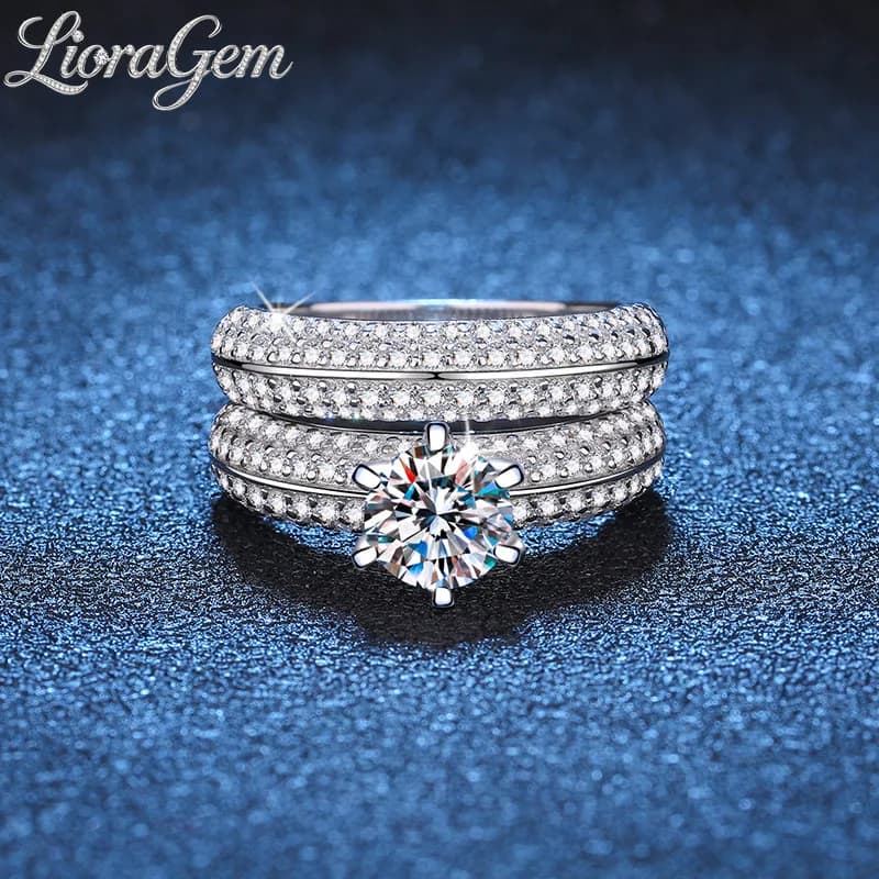 LioraGem Full Diamond High-end Couple Proposal Ring Set, 1-carat Moissanite Wedding Ring Platinum PT950 Stamp Jewelry Gifts