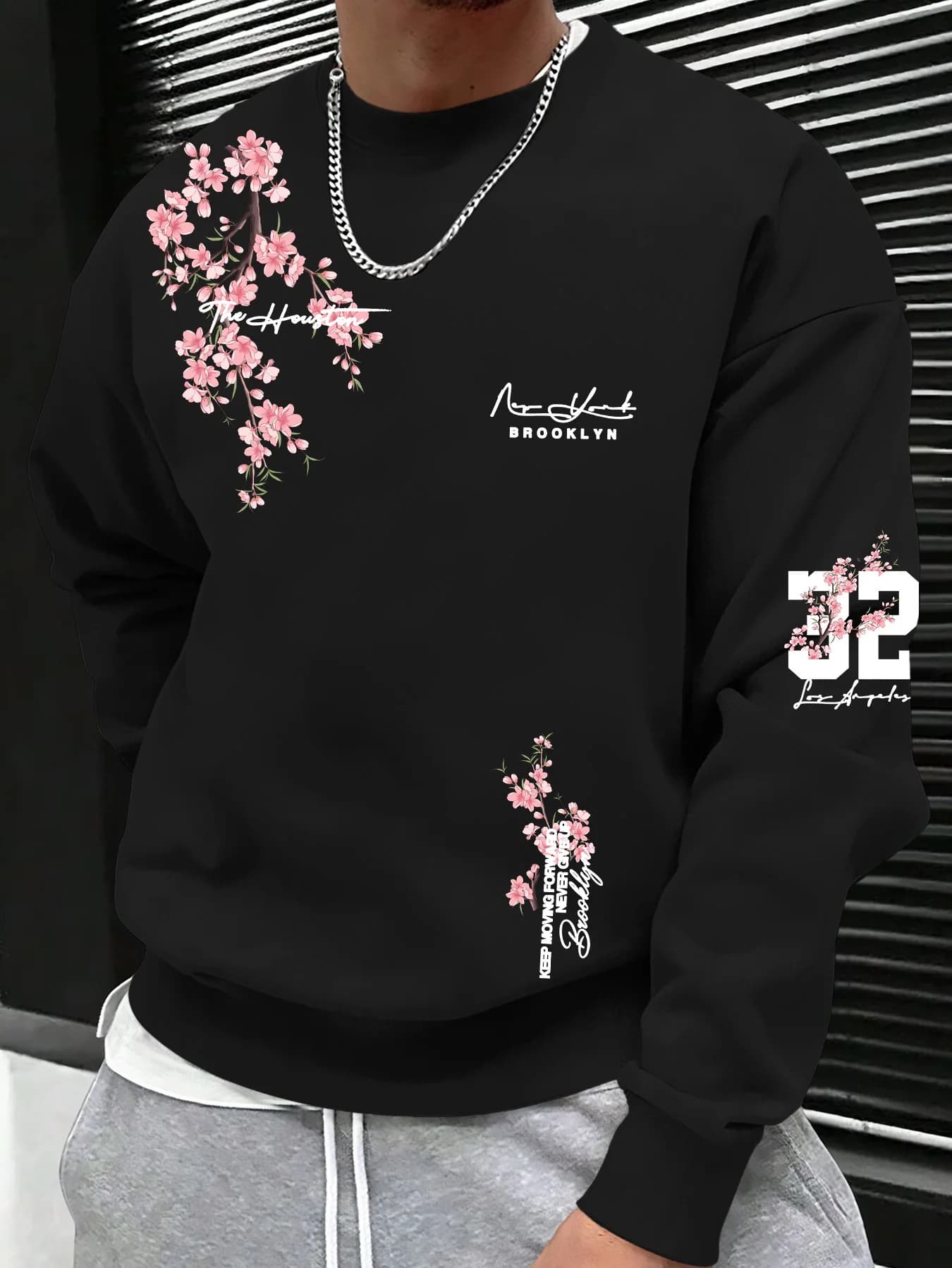 American men's autumn Brooklyn cherry blossom print soft and comfortable round neck long sleeved T-shirt outdoor street top