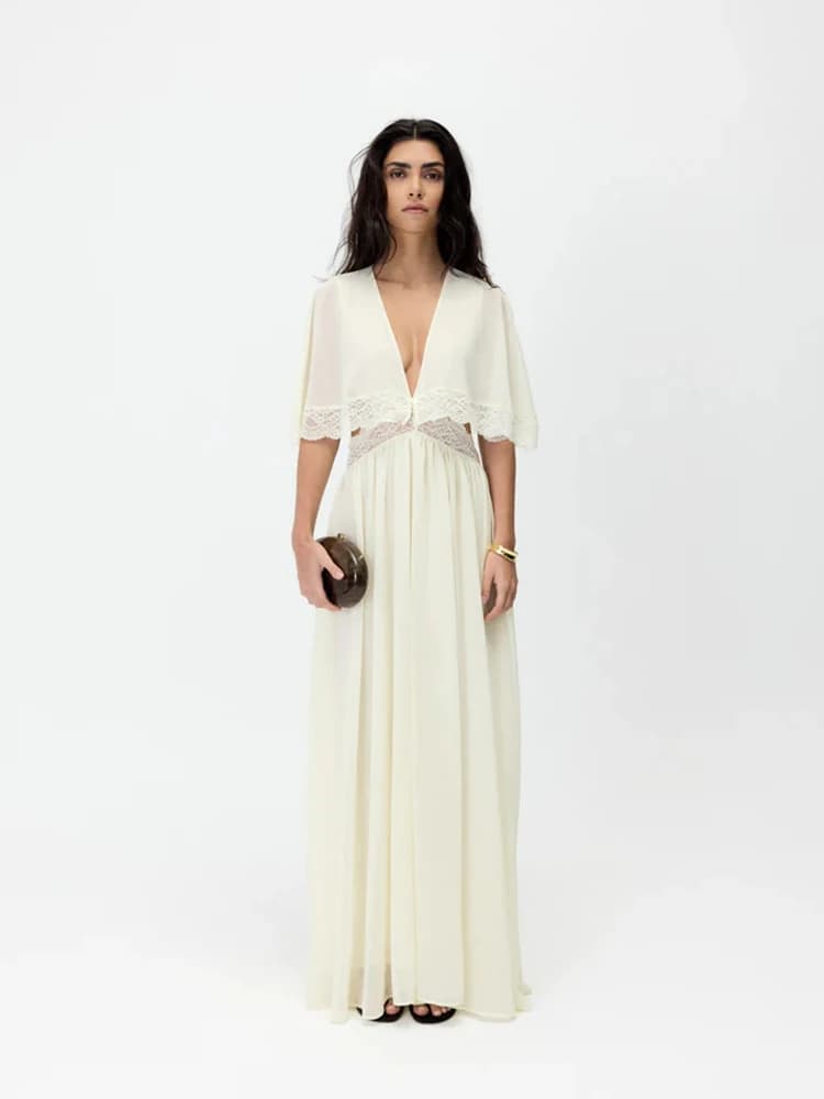 Elegant Short Sleeve Hollow Out Maxi Dresses Fashion Lace Patchwork Women Chiffon Dress 2026 Summer New Lady V Neck Long Robes