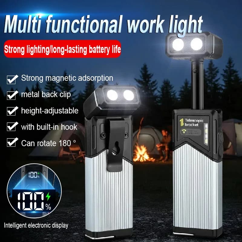 Lampada da lavoro Lampada da campeggio telescopica portatile ad altissimo luminosità Lampada da campeggio con magnete a gancio Ricarica luci da lavoro per riparazioni auto dimmerabili