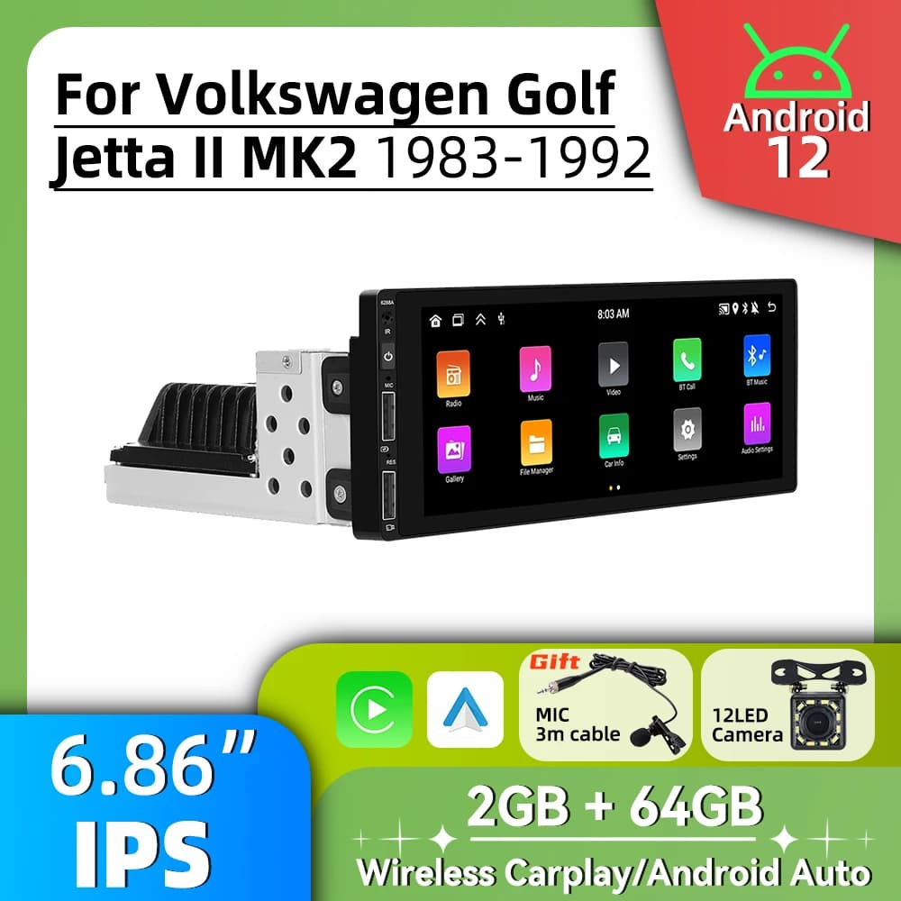 Head Unit Car Multimedia Android Auto Stereo 1Din Android Radio for VW Volkswagen Golf Jetta 2 II MK2 1983-1992 Carplay GPS WIFI