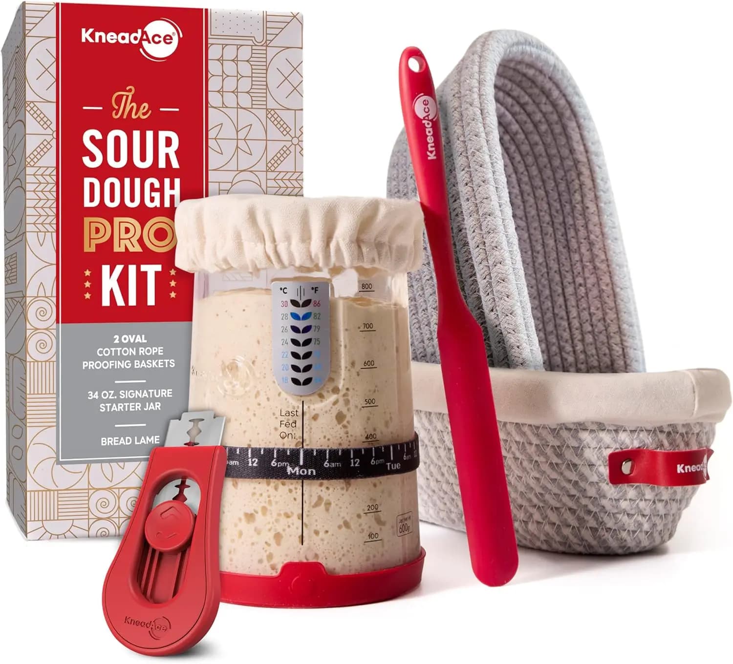 Kit Completo per la Preparazione del Pane a Lievitazione Naturale con Vasetto per la Lievitazione, Cesti per la Lievitazione e Lama per Tagliare la Pasta per Pasticceri Casalinghi
