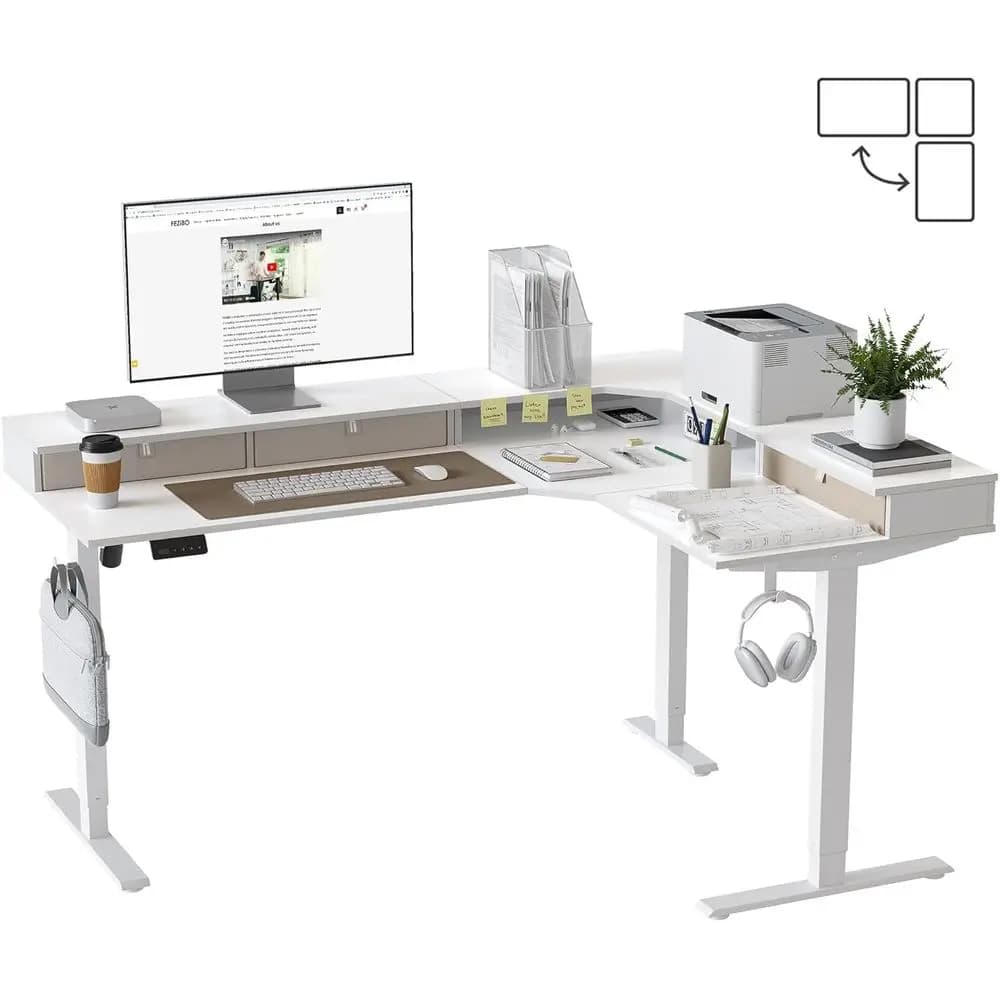 Scrivania Elettrica Regolabile in Altezza a L, 63x48 con Piano Reversibile, 2 Altezze Memorizzabili | Tavolo regolabile per casa, ufficio e gaming, bianco