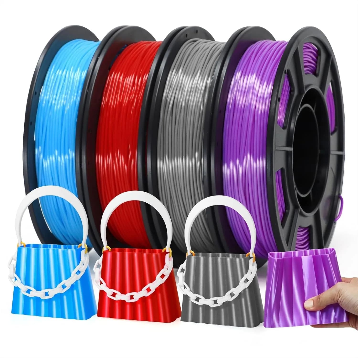 Filamento TPU Flessibile 1.75mm, Durezza Shore 95A per Stampante 3D, 4 Colori Blu/Rosso/Viola/Grigio, 250g Ciascuno