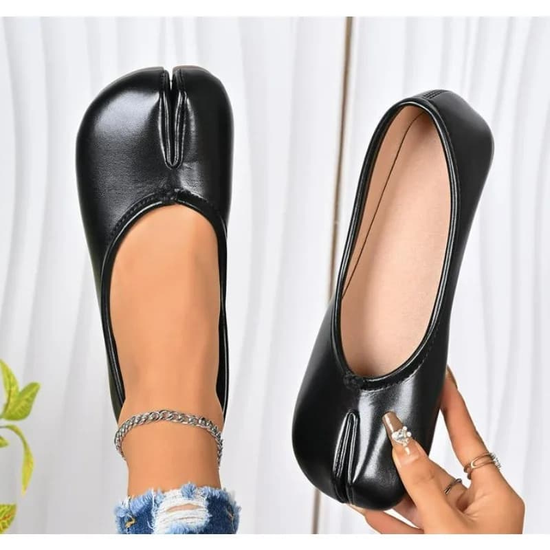 Scarpe Tabi Ninja di Lusso per Donna, in Pelle Microfibra Nera, Comode Ballerine con Punta Divisa, Pantofole con Suola Morbida, Mocassini da Donna
