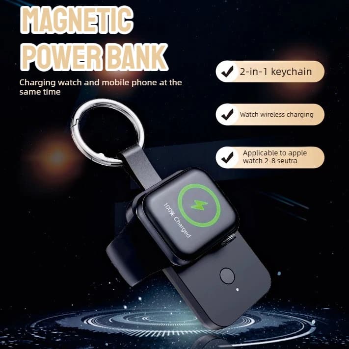 1000mAh Magnetic Wireless Power Bank for Apple Watch 2-8SE Ultra 2-in-1 Keychain Portable Charger for Samsung Watch Watch Phone