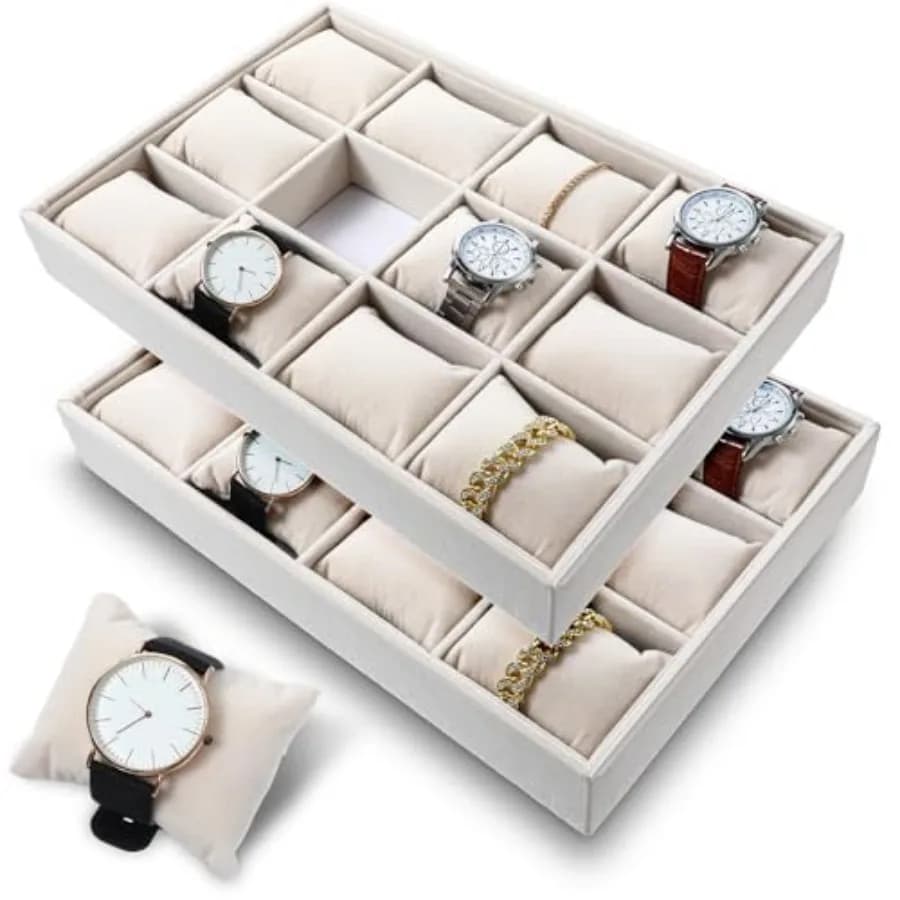 2 Pezzi Organizzatore per Gioielli in Velluto Beige, Scatola Porta Orologi con 12 Scomparti, Organizzatore Impilabile per Bracciali con Cuscini Regolabili per Uomo e Donna