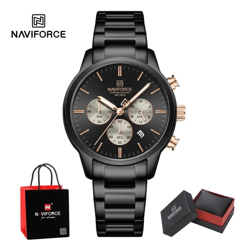 NAVIFORCE Men Quartz Chronograph Watch Waterproof Date Display Steel Strap Male Fashion Unique Design Luxury Wristwatch Gift Box