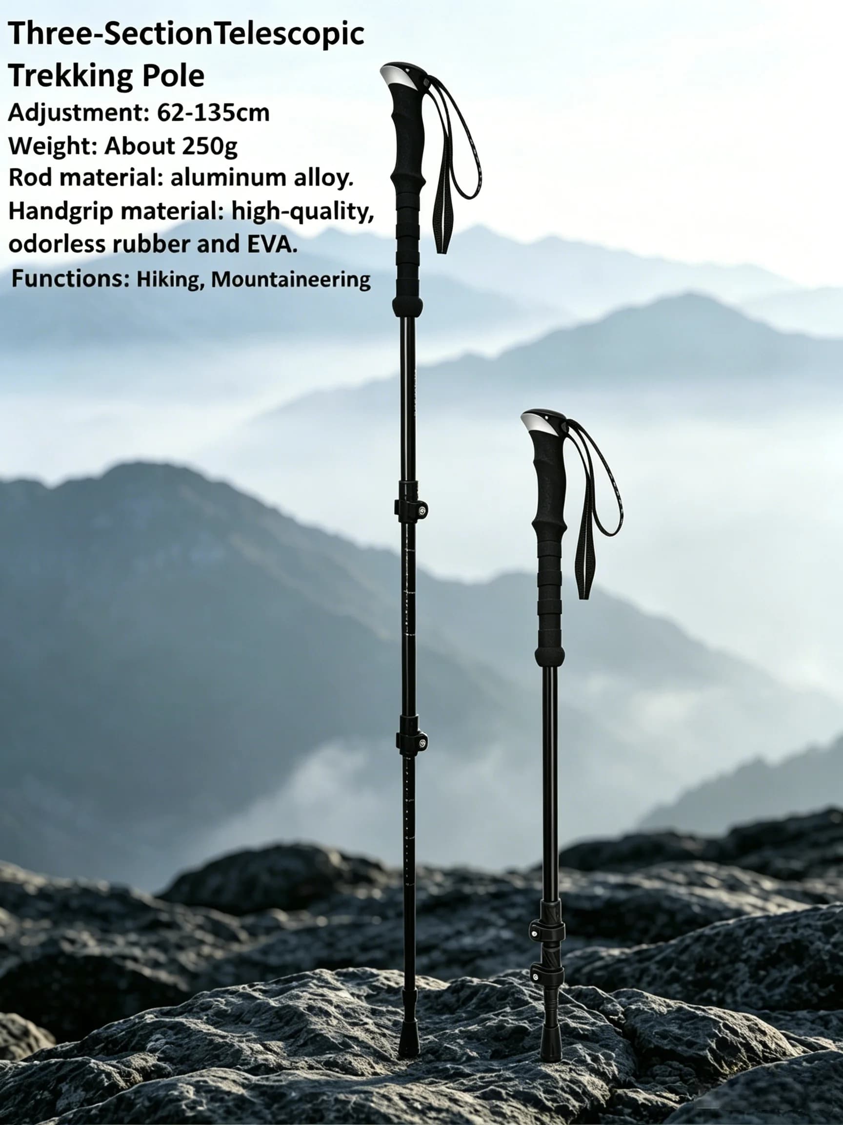 Ultra-lightweight, portable, black aluminum collapsible hiking pole / trekking pole, easy to carry (height is adjustable)