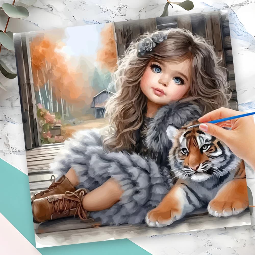 Momoart Kit Pittura con Numeri Ritratto Bambina Senza Cornice Fai da Te, Pittura con Numeri Tigre, Personaggio Cartone Animato, Arte Murale Dipinta a Mano, Regalo