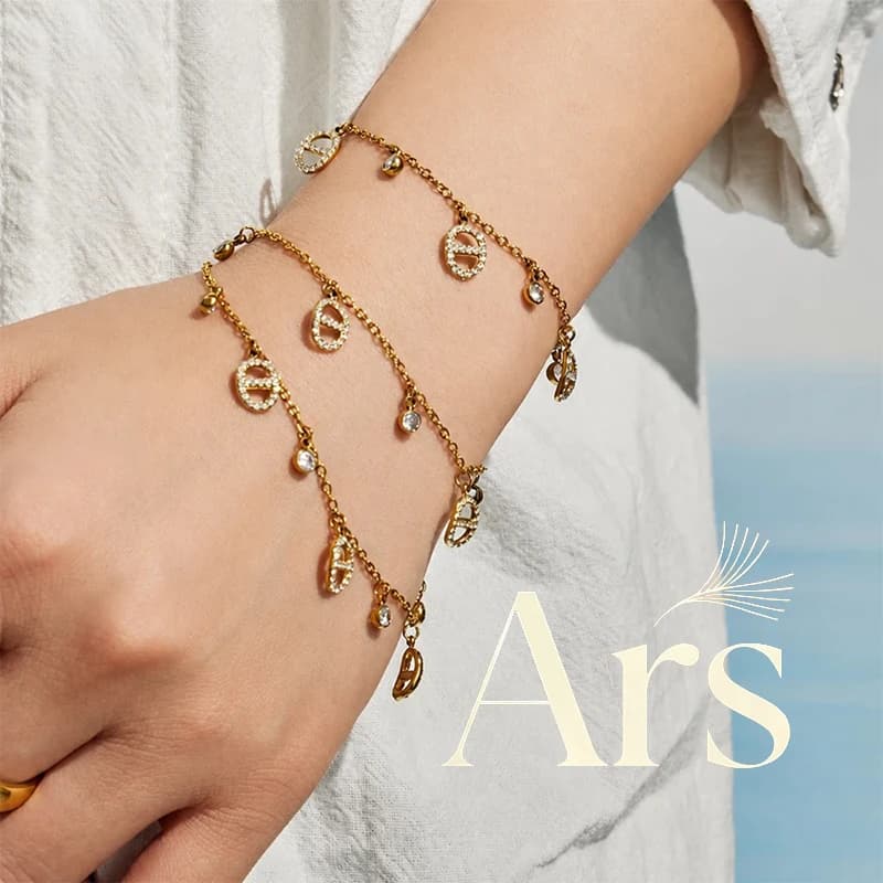Ars 18K Gold Plated Coffee Bean Charm Bracelet with Zircon for Women Stainless Steel Chain Bracelets Dainty Stackable Bracelets