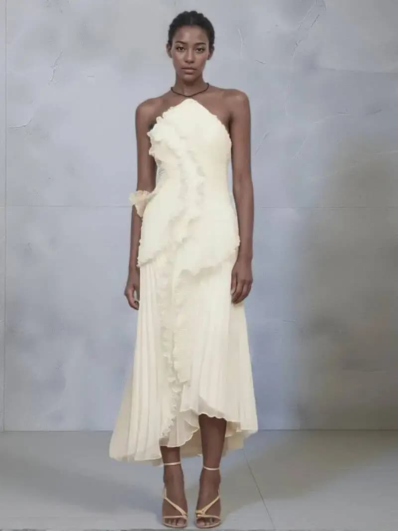Elegante Abito da Sera con Volant e Cinturino al Collo, Pieghe Solide, Linea ad A, Allacciatura Posteriore, Sexy, per Feste, Nuovo, per Vacanze, Stile Y2K, Robe ZBA8