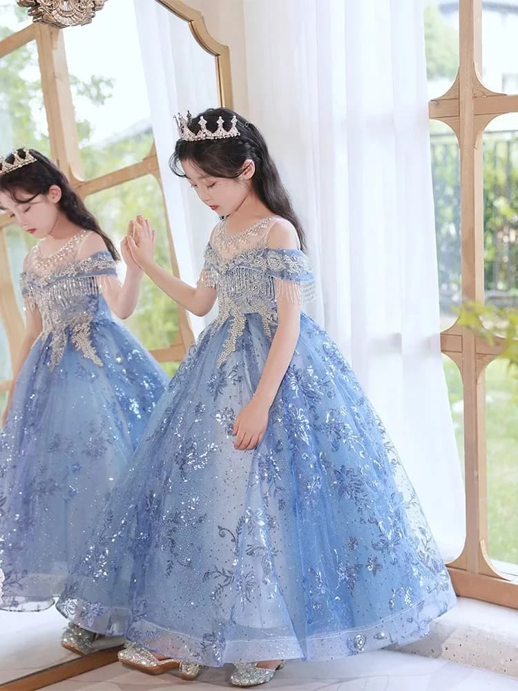 Abiti da ragazza di fiore blu personalizzati con paillettes lucidi per bambini, abiti da spettacolo per feste di compleanno