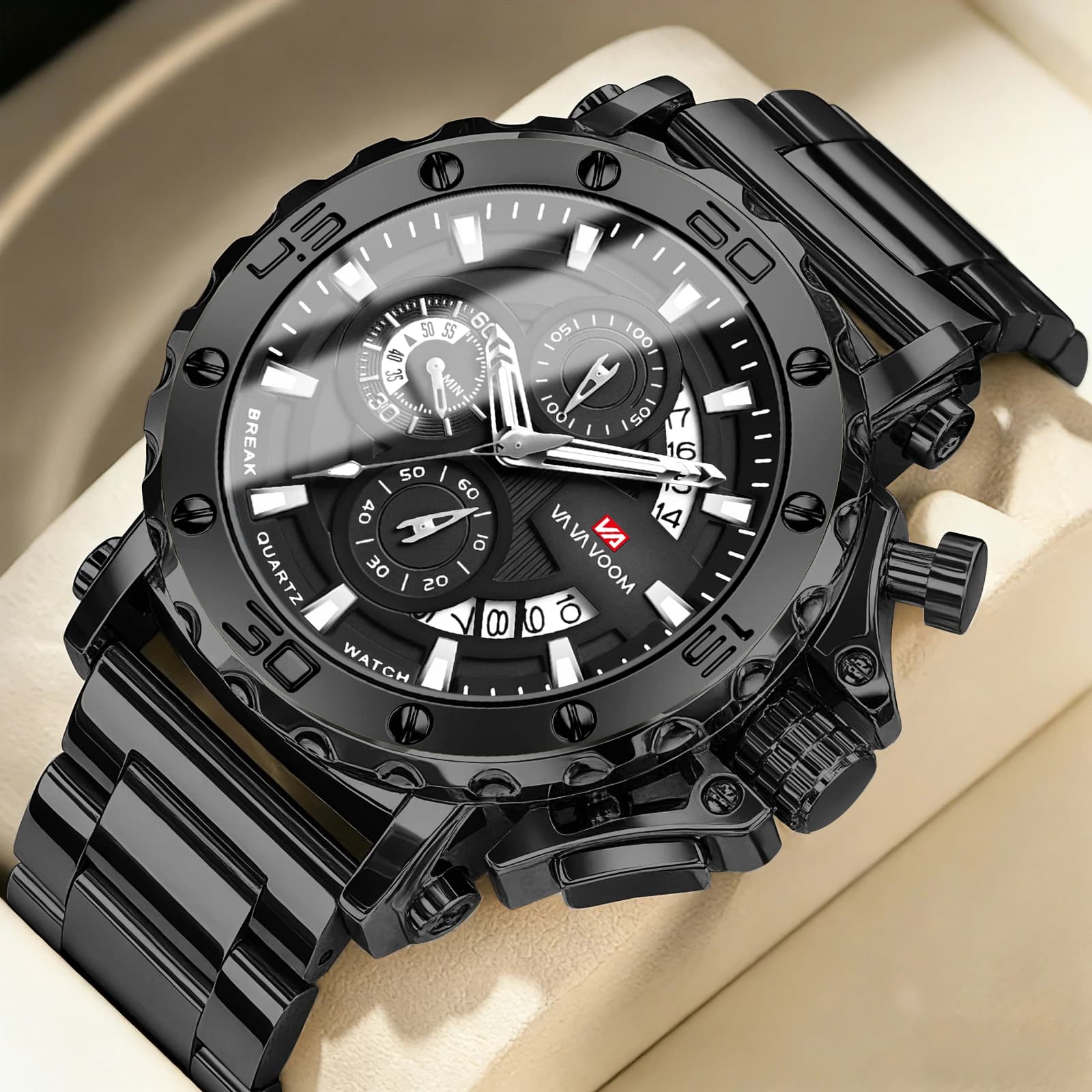 Orologio da Uomo VA VA VOOM 46mm con Anello Argentato in Acciaio Inossidabile, Multifunzione, Impermeabile 3 Bar, Sportivo con Quadrante Ingrandito