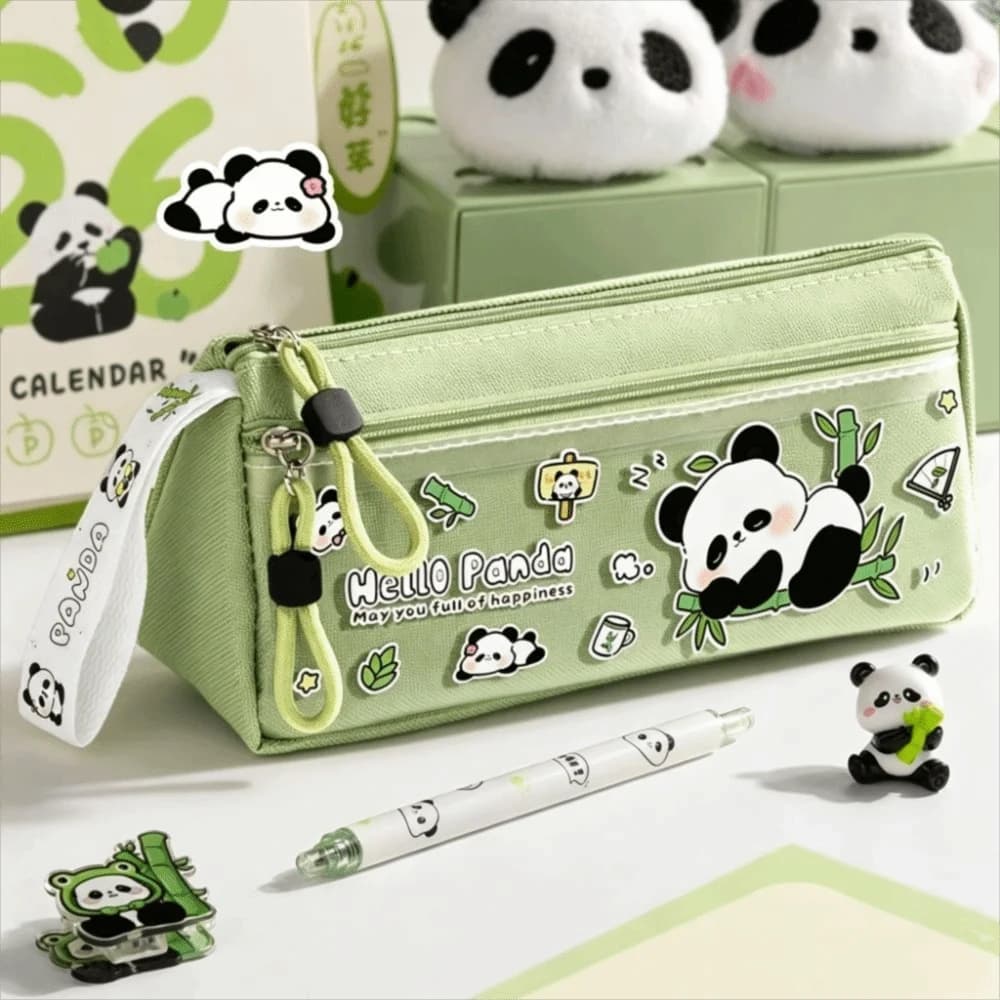 New Large Capacity Panda Pencil Case Portable with Handle Pen Bag Double Layer Cartoon Panda Stationery Pouch School Supplies