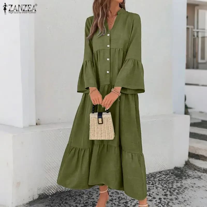 ZANZEA Stylish Women Dresses 2026 Spring A Line Holiday Dress Elegant V Neck Long Flare Sleeve Sundress Solid Pleated Midi Robe