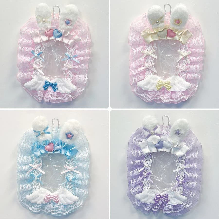 Porta Foto in Pizzo, Colorato Cuore con Orecchie di Coniglio in Peluche e Fiocco, con Catena per Appendere, Prodotto Finito Fatto a Mano, Porta Carte per Personaggi di Anime e Videogiochi, Porta Carte per Fan di Celebrità, Porta Carte Trasparente per Studenti, Decorazione Porta Carte Lolita