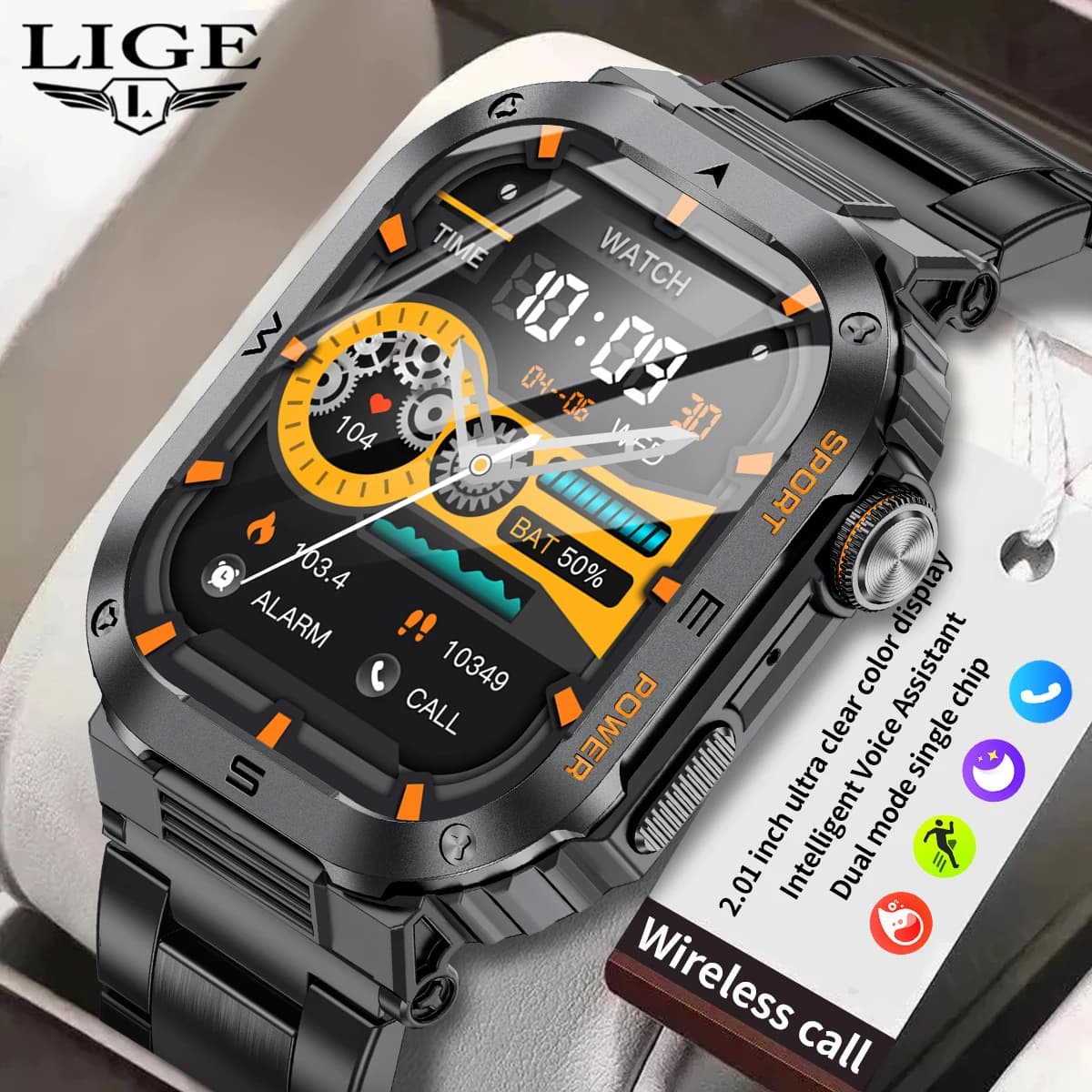 LIGE New 3D Dynamic Dial Men Smart Watch Bluetooth Call Waterproof Sports Smartwatch 2.01'' HD Screen Health Monitoring Bracelet