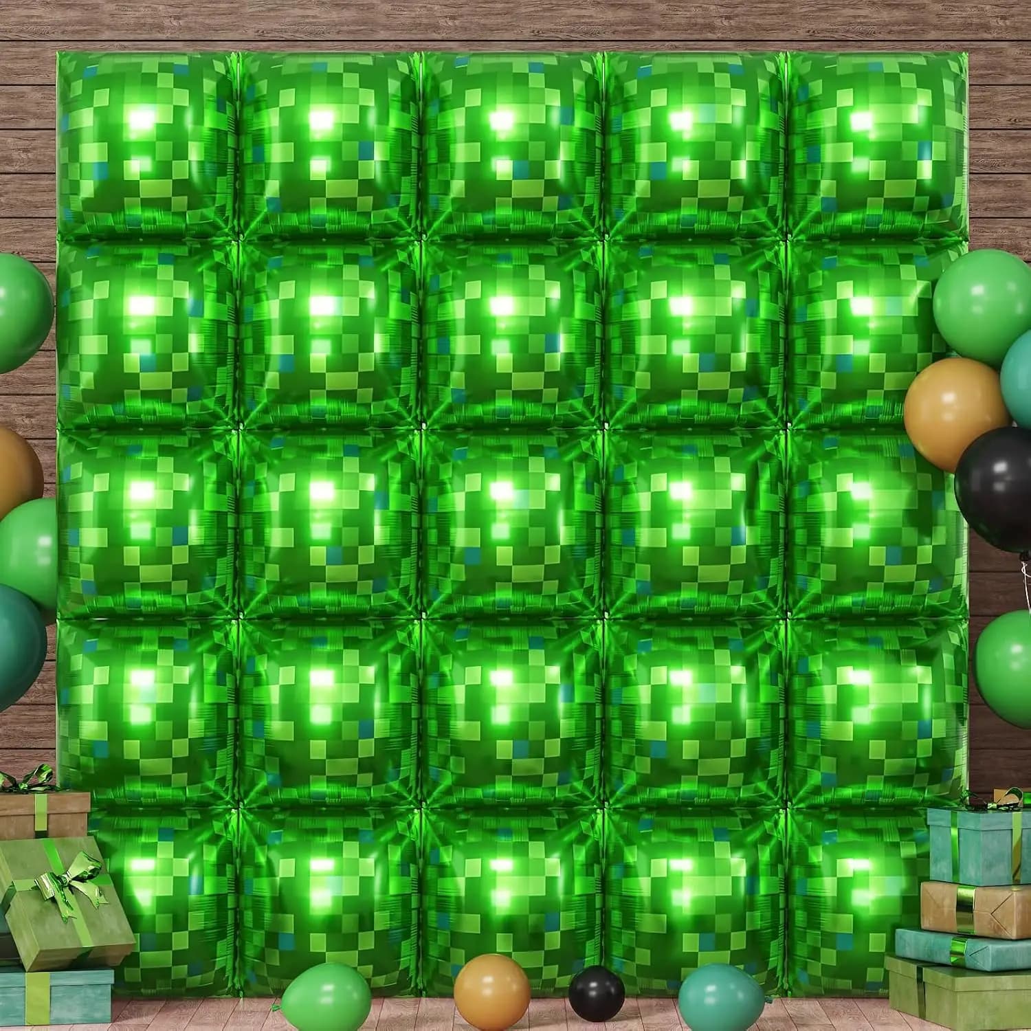 Parete di palloncini quadrati con pixel verdi, sfondo quadrato di palloncini in foglio di alluminio, decorazione per feste di compleanno a tema gioco di palloncini