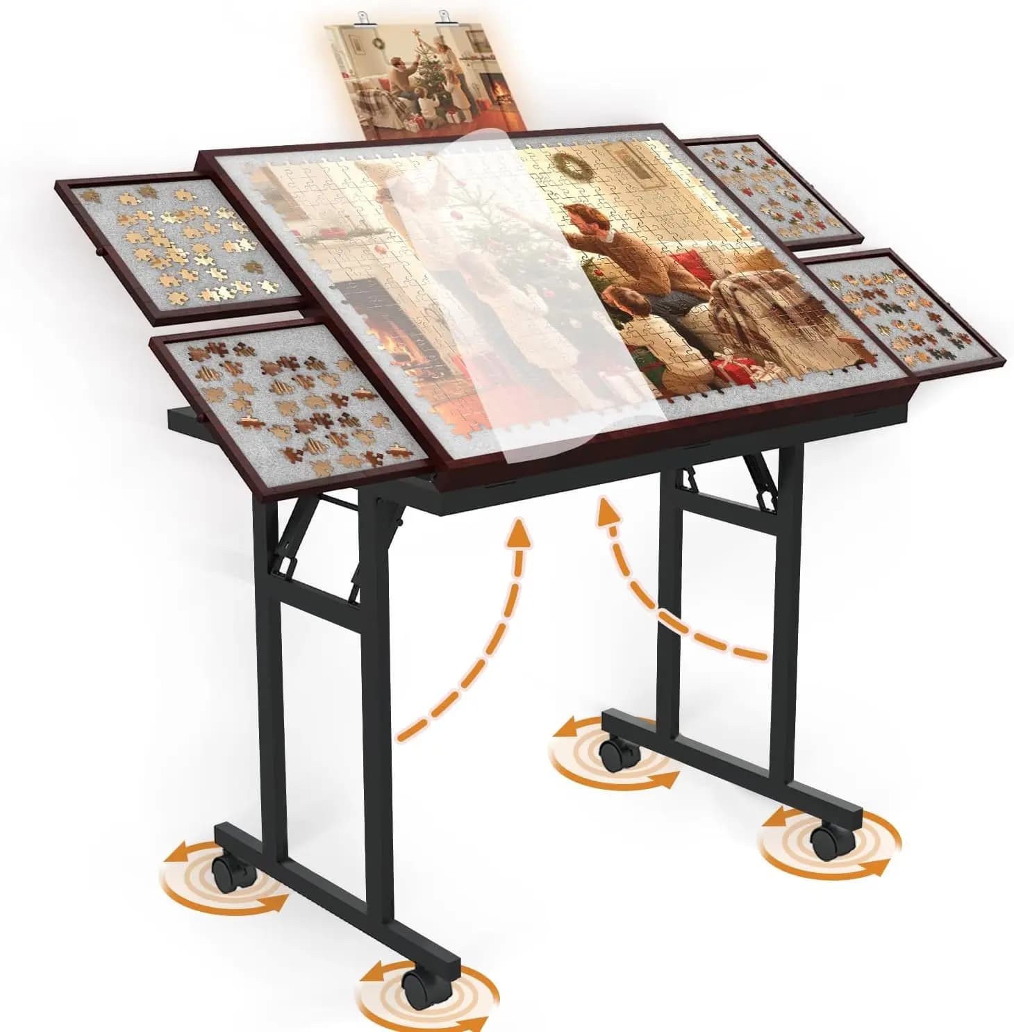 Tavolo Puzzle Regolabile in Legno con Gambe Pieghevoli, Cassetti, Copertura e Ruote per Adulti e Tutte le Età