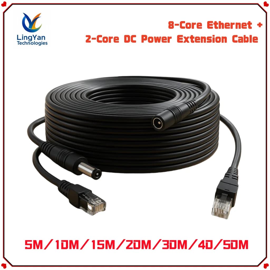 Cavo di prolunga PoE con alimentazione CC | Spina RJ45 5-50M + 5,5x2,1mm | Cavo esterno impermeabile per sistema DVR NVR con telecamera IP CCTV