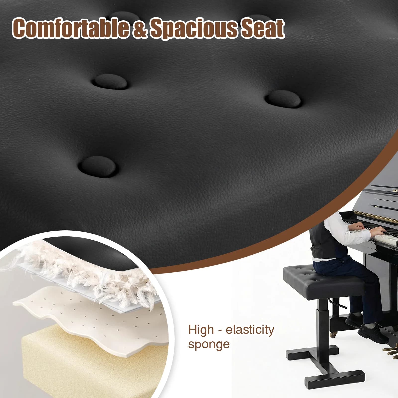 Sgabello per Pianoforte con Sollevamento Idraulico, Altezza Regolabile, con Cuscino in Spugna e Pelle PU per Vanity, Soggiorno, Camera da Letto