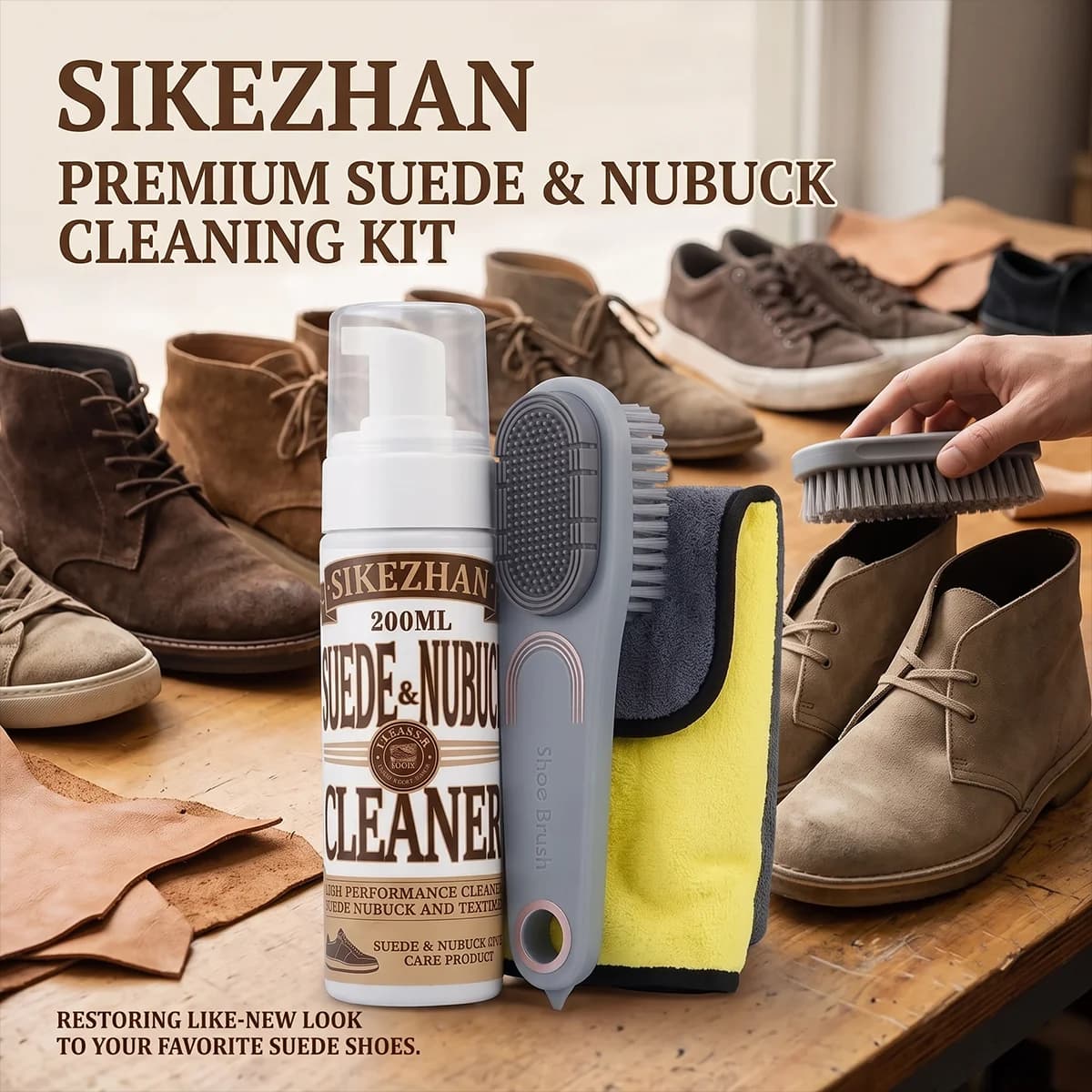 SIKEZHAN Portable Waterless Shoe Cleaning Kit with Brush | Quick Stain Remover for Suede Nubuck Leather Sneakers 200ml