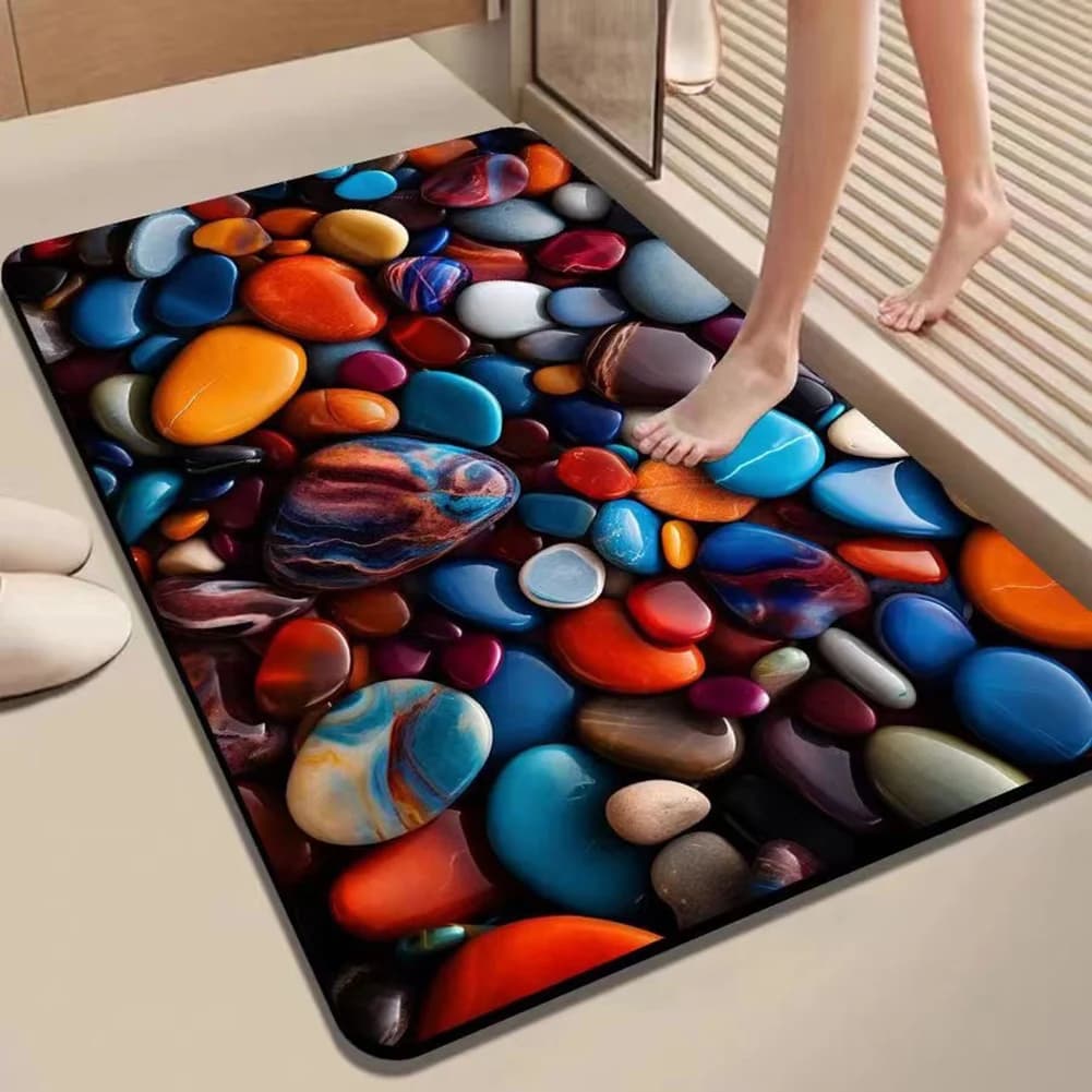 Tappetino da bagno assorbente in diatomite, rosso, blu, grigio, giallo, verde, con texture 3D a ciottoli.