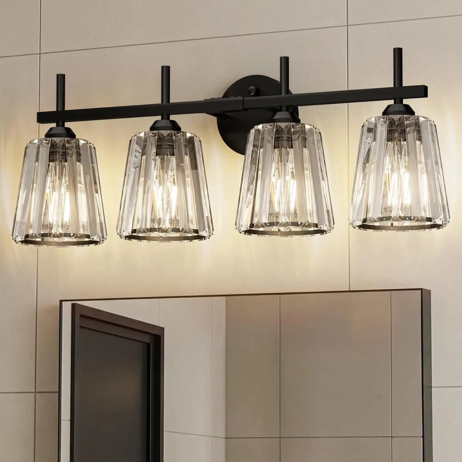 Black 4-Light Crystal Bathroom Vanity Lights Over Mirror, Modern Wall Sconces with Ceramic E26 Base