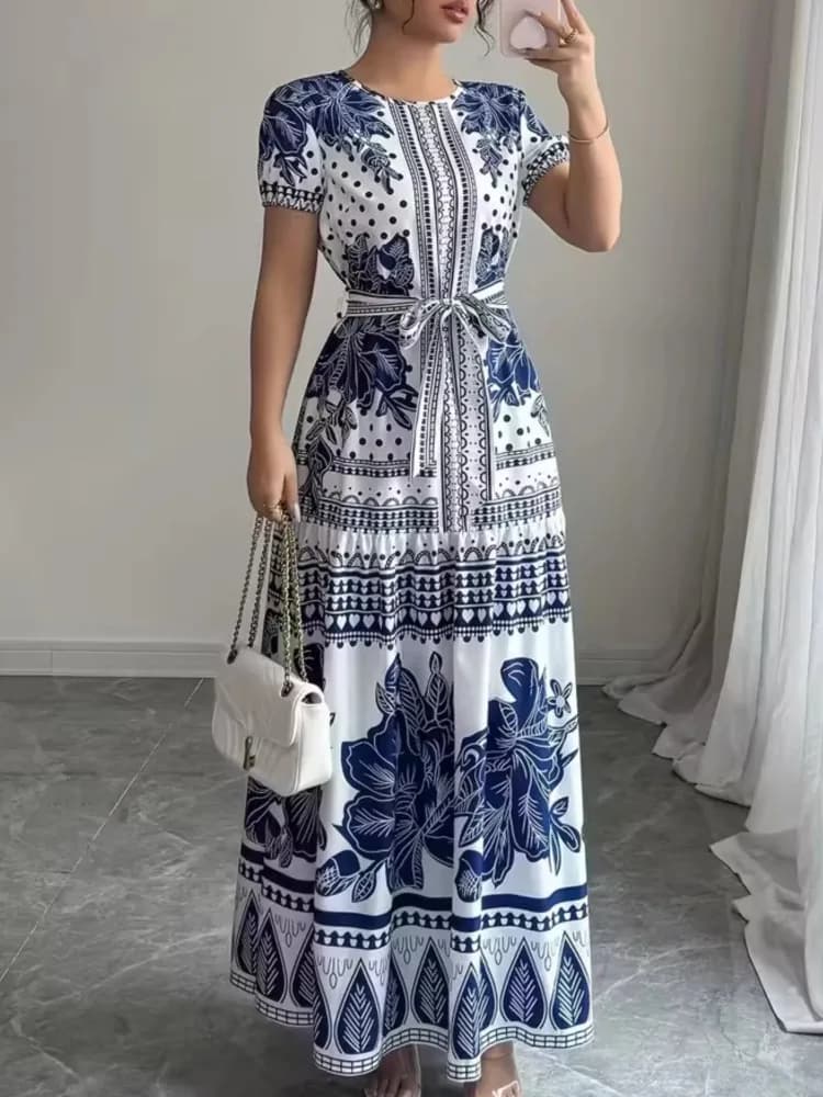 Abito Stampato alla Moda per Donna, Casual, Manica Corta, Collo Tondo, Vita Alta, Allacciatura, Vestito Ampio, Stile Boho per Feste e Vacanze
