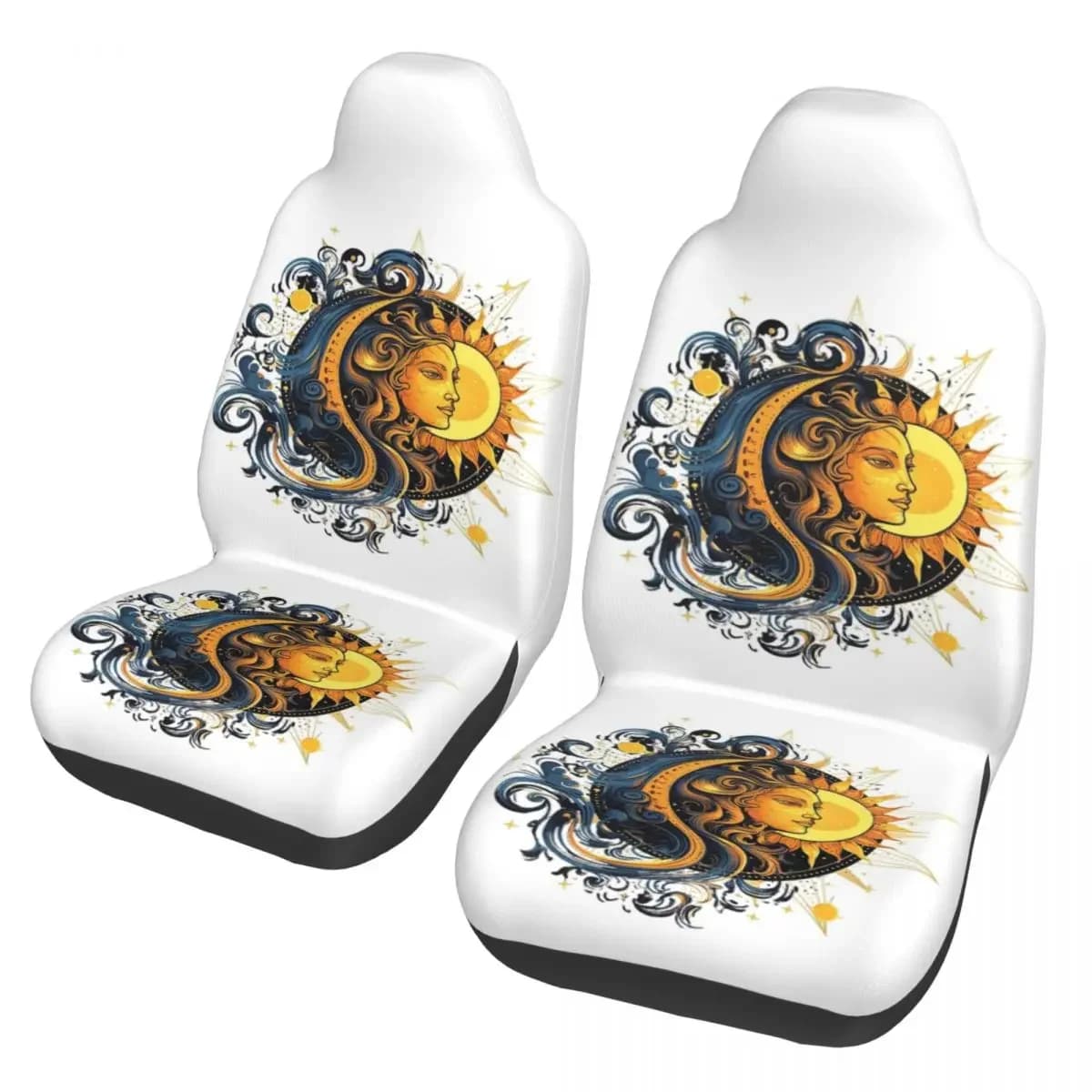 Set of car seat covers with celestial sun and moon, 2 pieces, for cars, SUVs, universal protective accessories