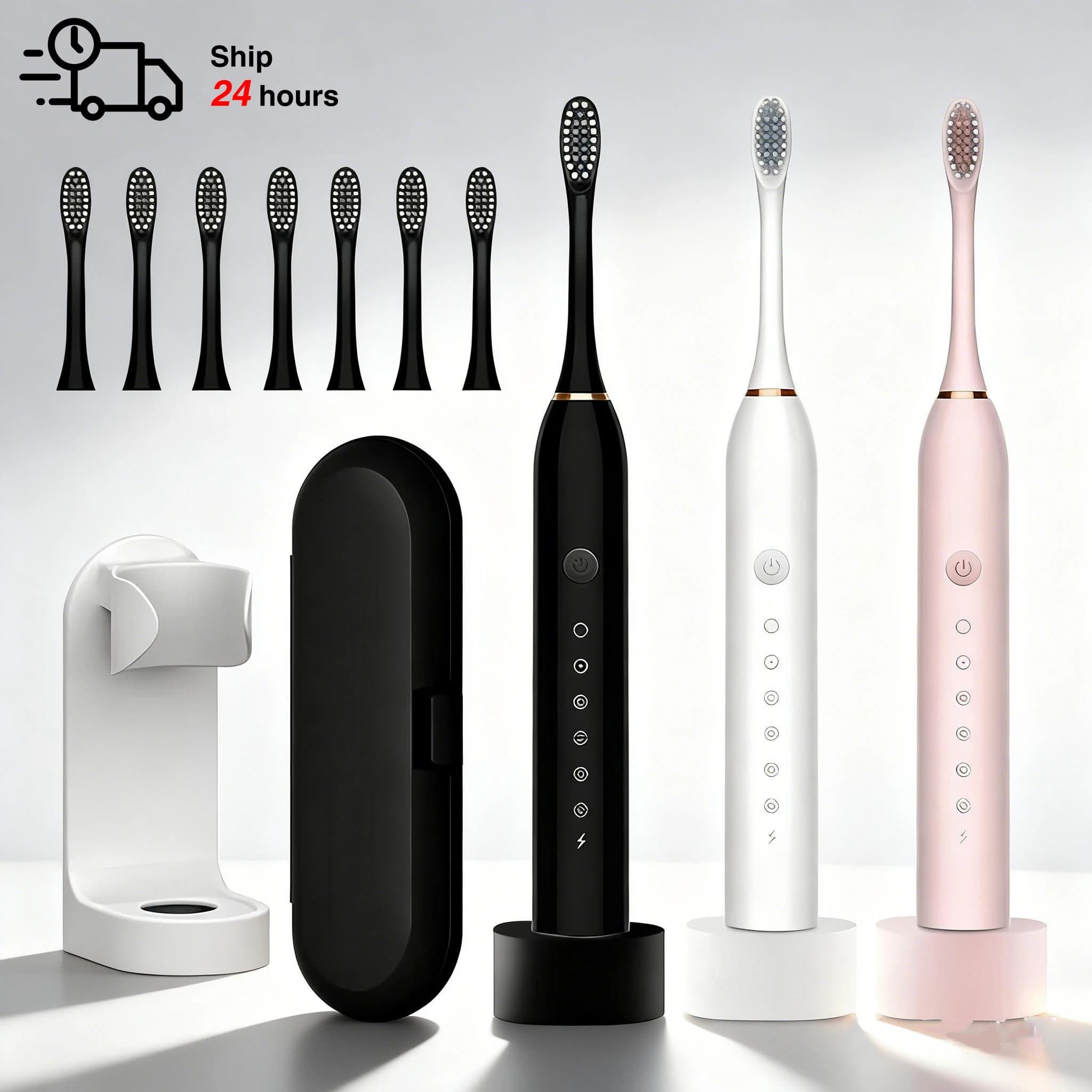 Rechargeable sonic electric toothbrush with base, 6 modes, waterproof IPX7 sonic toothbrush, travel case, 8 spare heads