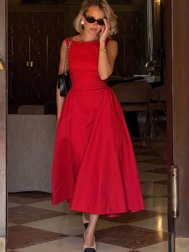 Women's Vintage Sleeveless Long Dress Boat Neck A-Line Pleated Office Dress Summer New Casual Side Pocket Midi Dresses
