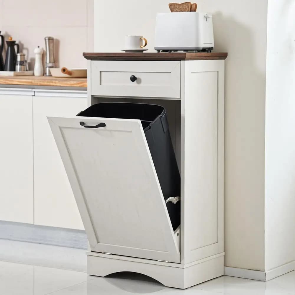 Mobile da Cucina in Legno Bianco Anticato per Rifiuti e Riciclo con Contenitore Nascosto a Prova di Animale Domestico