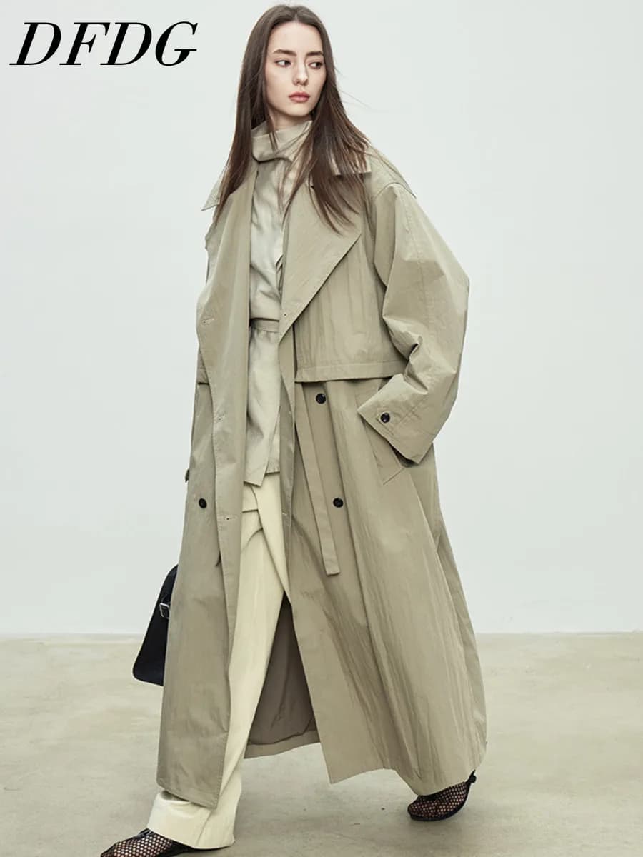 DFDG Women Oversized Long Trench Coat 2026 Lapel Double Breasted Belted Windbreaker Loose Maxi Length Casual Minimalist Pockets